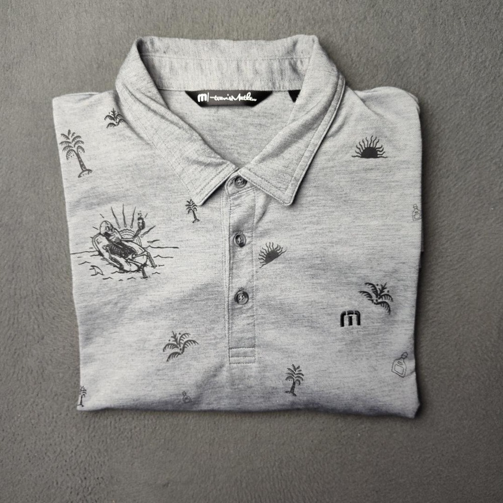 Travis Mathew Polo Shirt Mens Large Gray Golf Performance Drinking Lost Dunes
